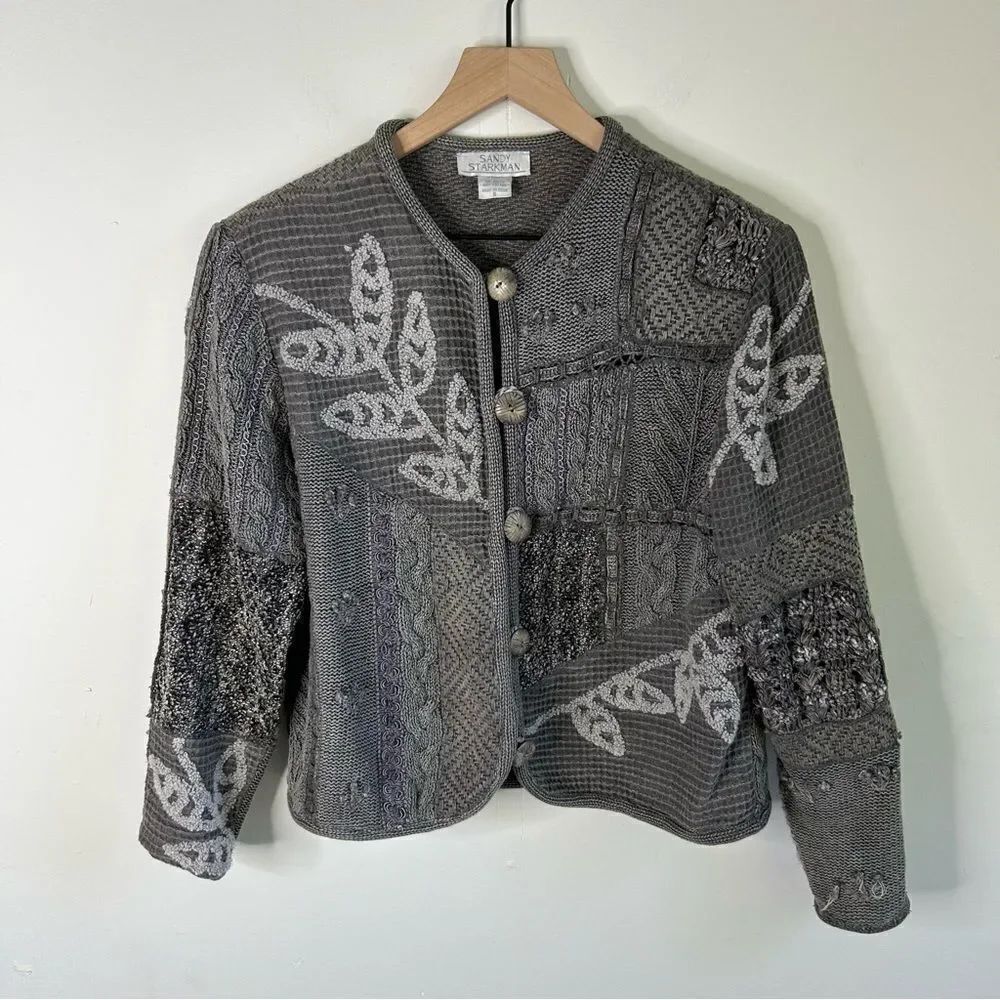 Sandy Starkman Vintage Sweater Women Small Gray Cardigan Patchwork Knit Cotton